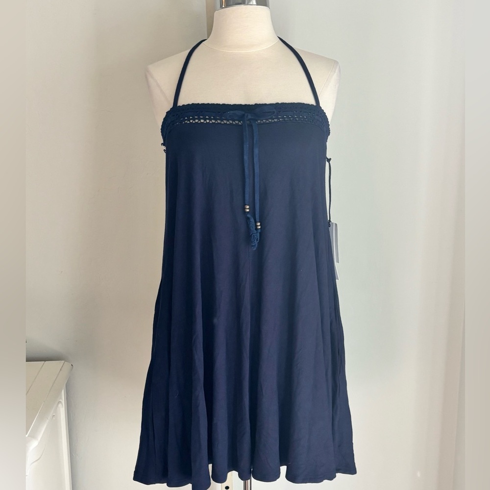 Robin Piccone Calista Sleeveless Halter Mini Crochet Trim, Indigo Blue, M, NWT